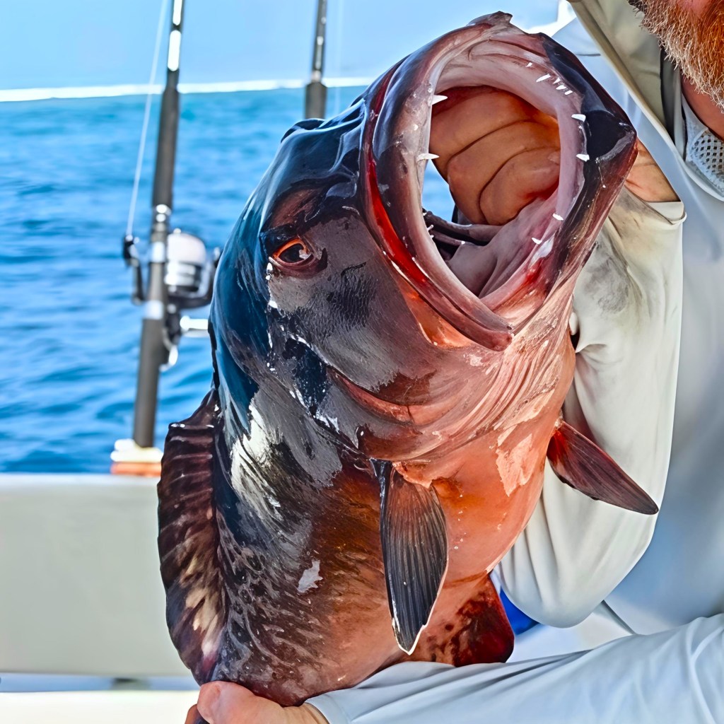 A person holding a large fish with its mouth open, showcasing its sharp teeth, against a backdrop of blue water.